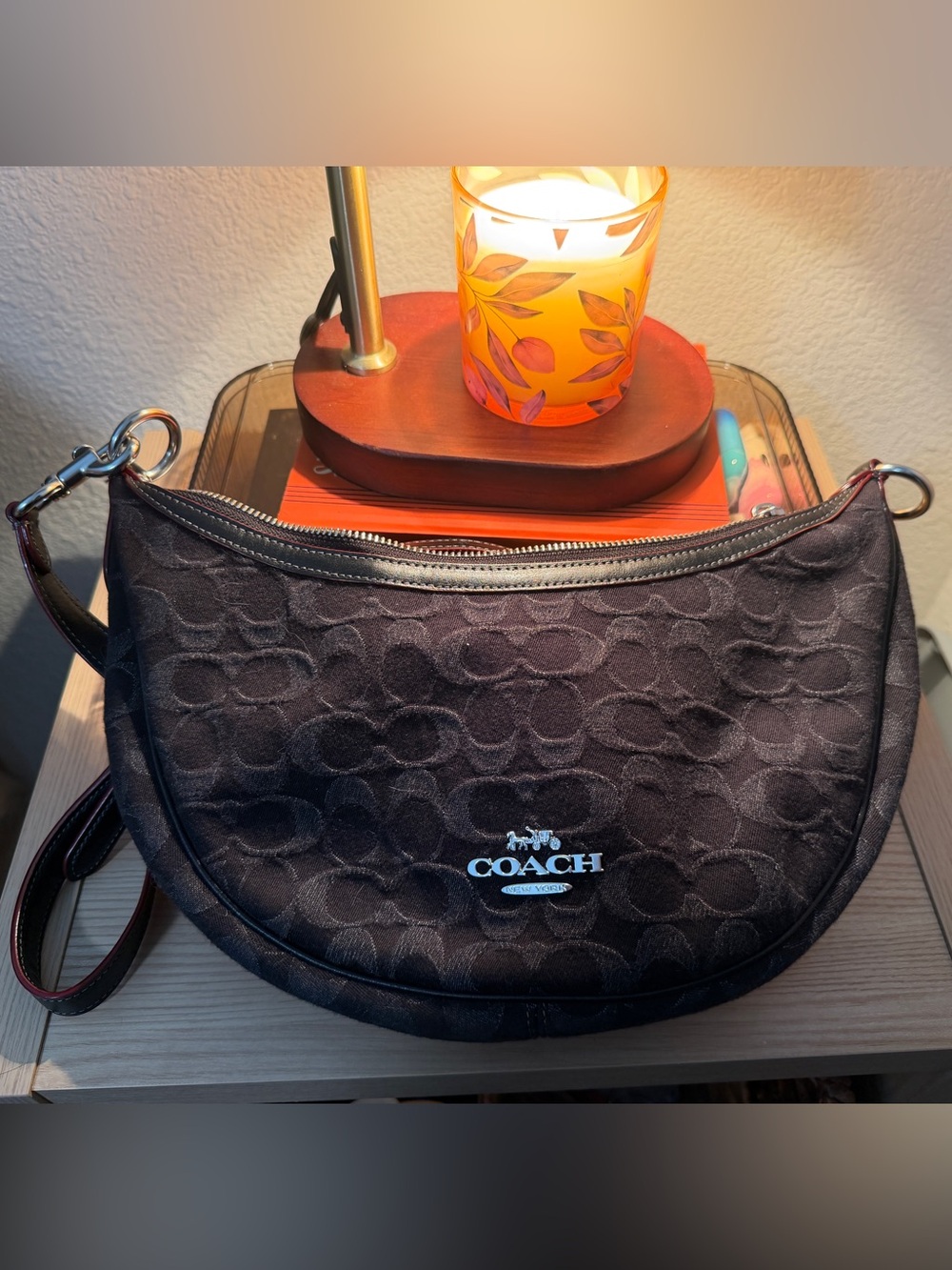 Coach Black Signature Crescent Messenger Bag with Silver Logo